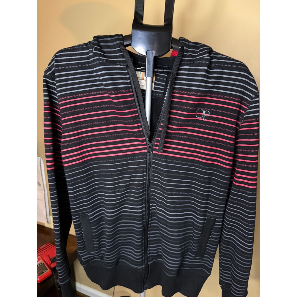 Ocean Pacific Mens Striped Full Zip Hoodie Black Red Grey OP Sweatshirt Medium‎